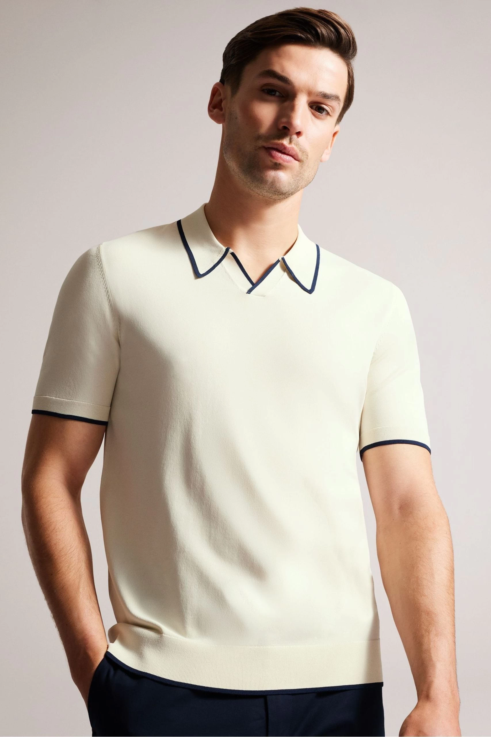 Ted Baker Natural Stortfo Short Sleeved Rayon Open Neck Polo Shirt 3 Ted Baker Natural Stortfo Short Sleeved Rayon Open Neck Polo Shirt