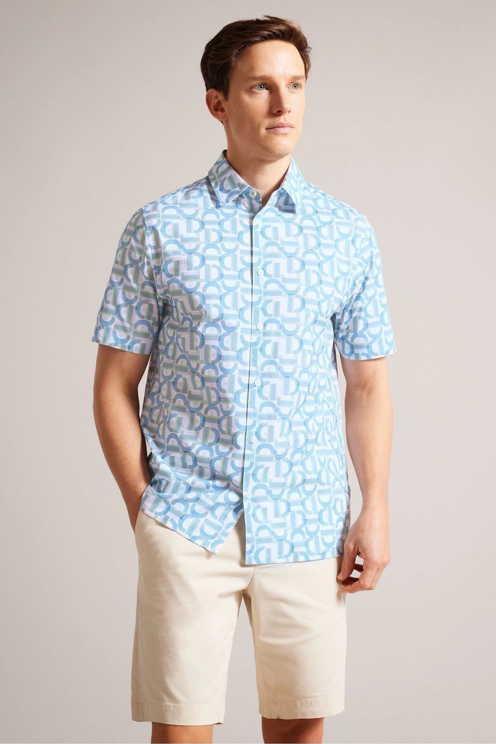 Ted Baker Blue Glais Short Sleeve Cotton Branded Geo Shirt 3 Ted Baker Blue Glais Short Sleeve Cotton Branded Geo Shirt