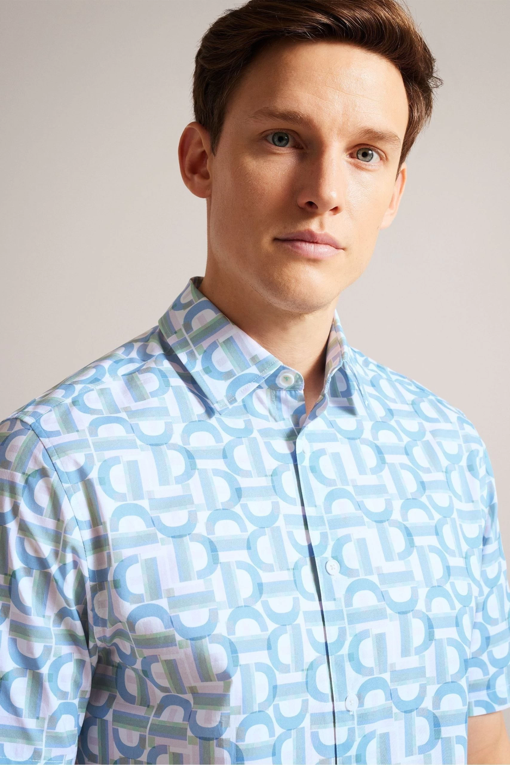 Ted Baker Blue Glais Short Sleeve Cotton Branded Geo Shirt 6 Ted Baker Blue Glais Short Sleeve Cotton Branded Geo Shirt - Image 4