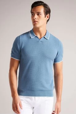 Ted Baker Blue Textured Striped Knitted Polo Shirt