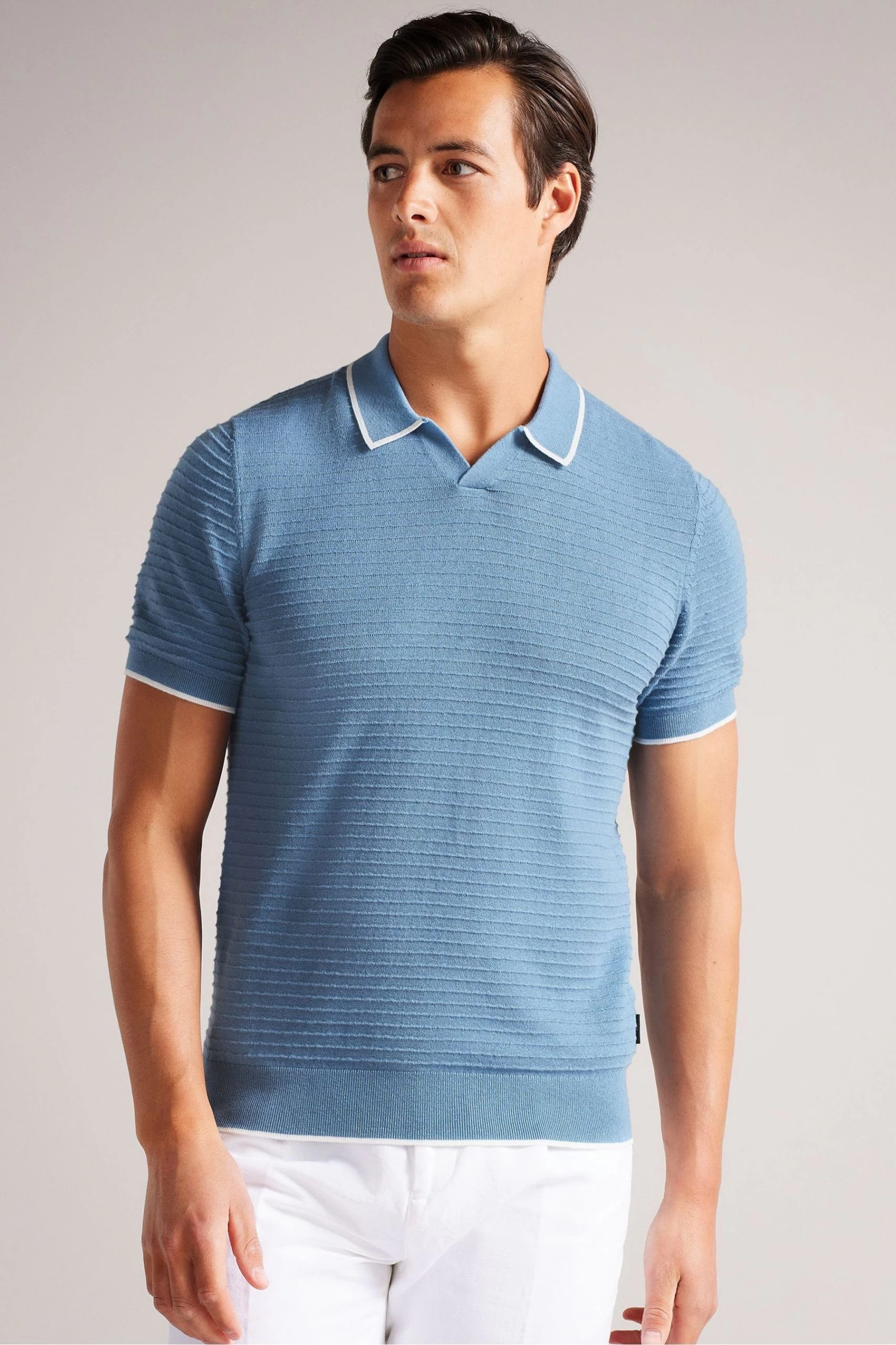 Ted Baker Blue Textured Striped Knitted Polo Shirt 3 Ted Baker Blue Textured Striped Knitted Polo Shirt