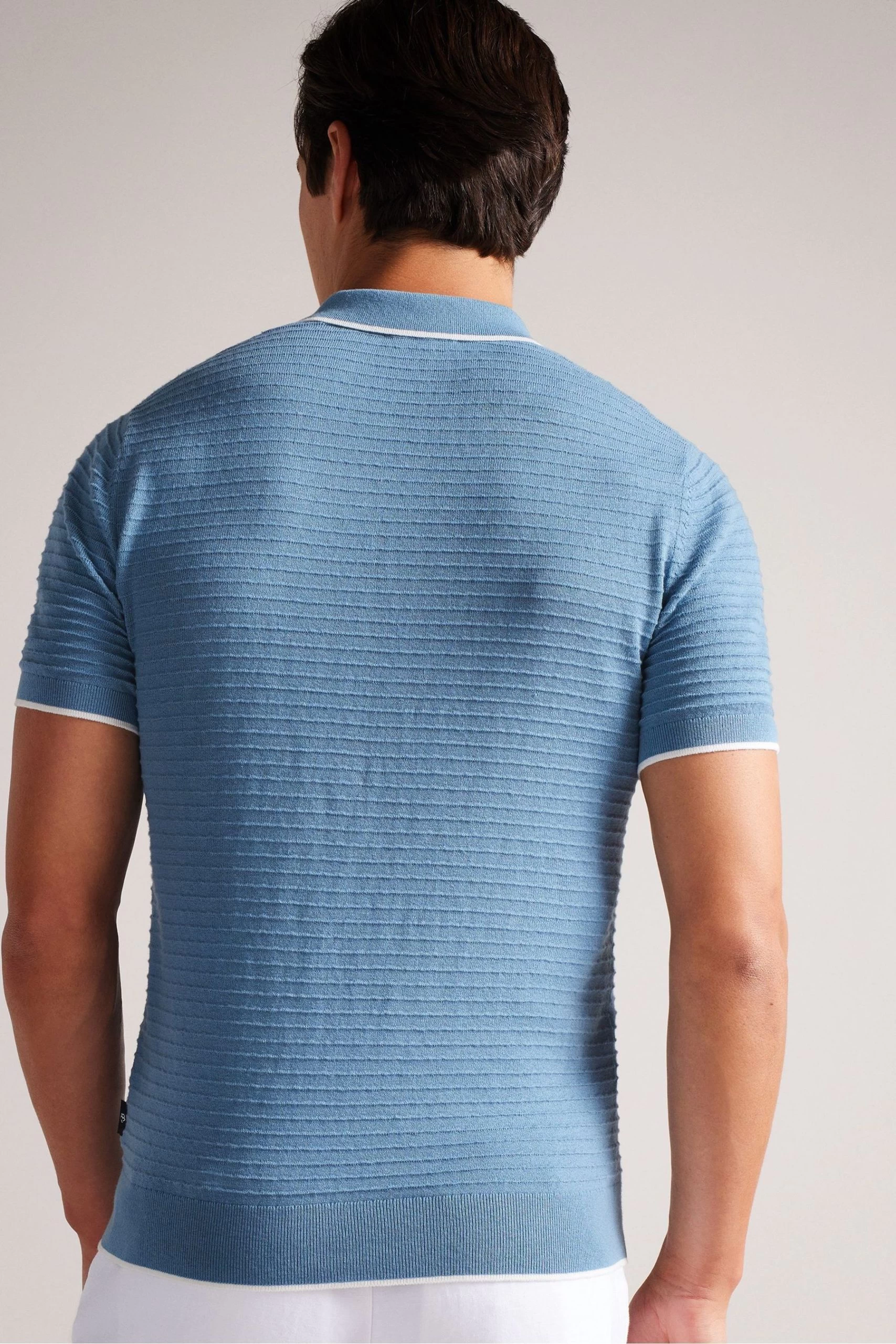 Ted Baker Blue Textured Striped Knitted Polo Shirt 4 Ted Baker Blue Textured Striped Knitted Polo Shirt - Image 2
