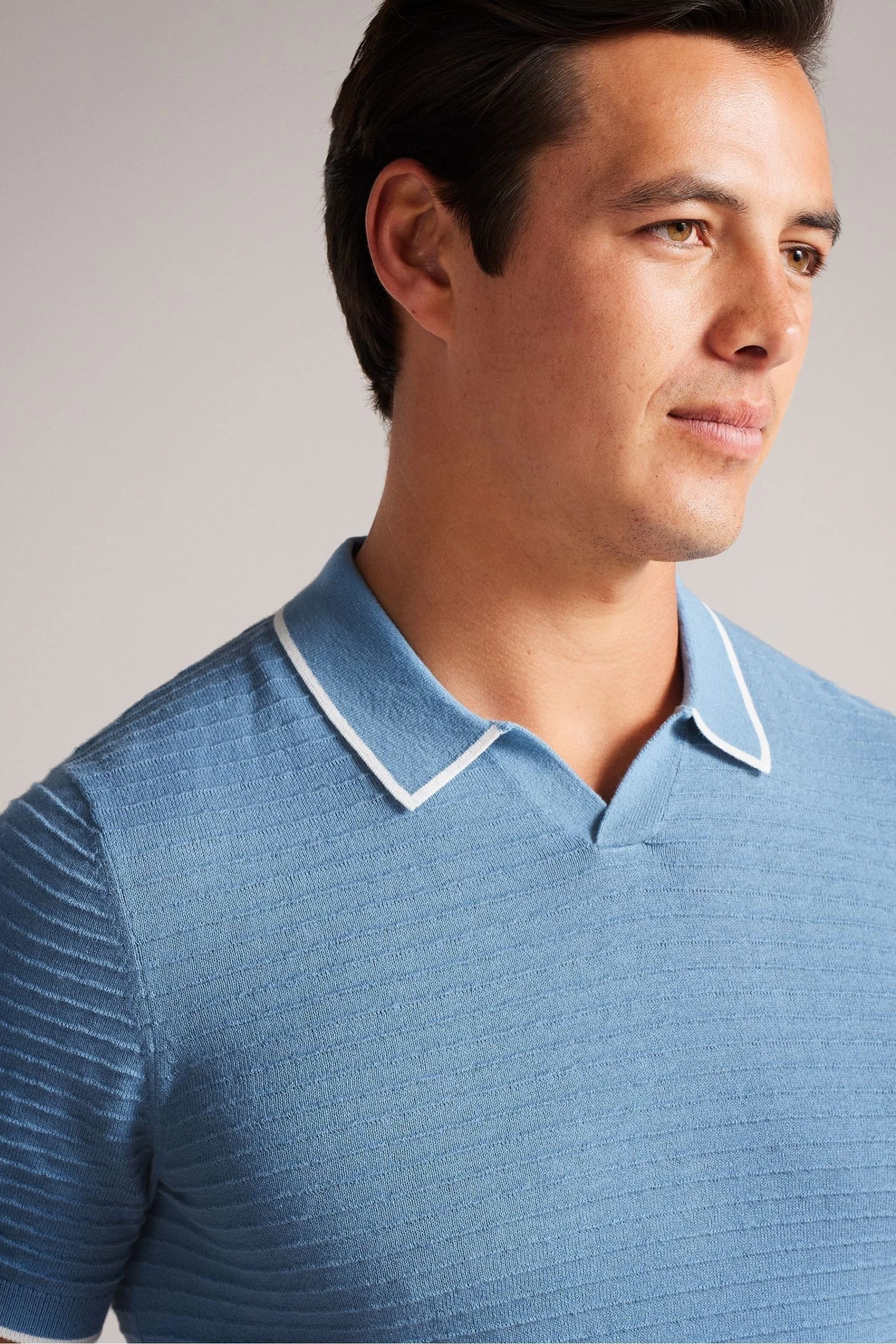 Ted Baker Blue Textured Striped Knitted Polo Shirt 6 Ted Baker Blue Textured Striped Knitted Polo Shirt - Image 4