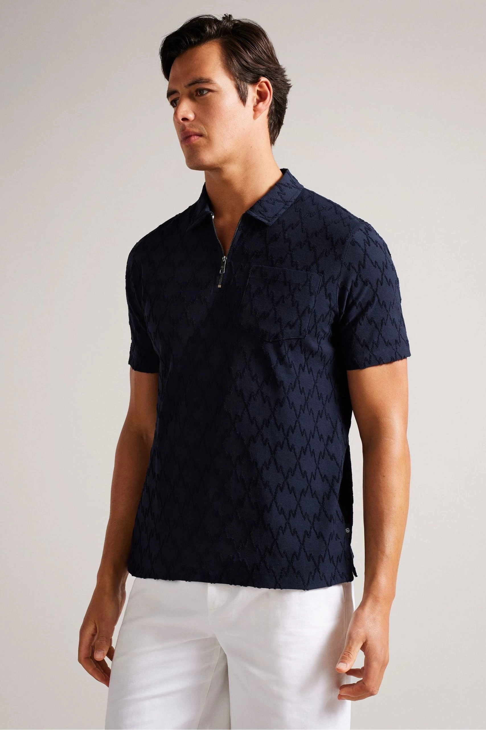 Ted Baker Coram Blue Short Sleeve Zip Jacquard Polo Shirt 3 Ted Baker Coram Blue Short Sleeve Zip Jacquard Polo Shirt