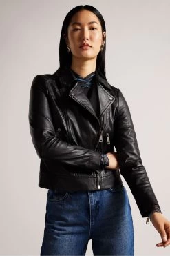 Ted Baker Ellaar Black Fitted Leather Biker Jacket
